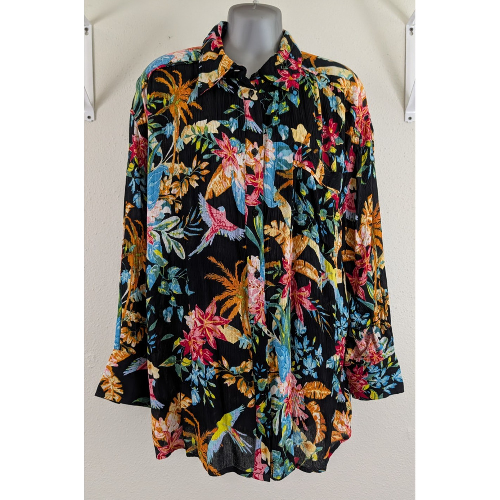 Elam sz S Tunic Shirt colorful bird floral print buttons long sleeve top 4551
